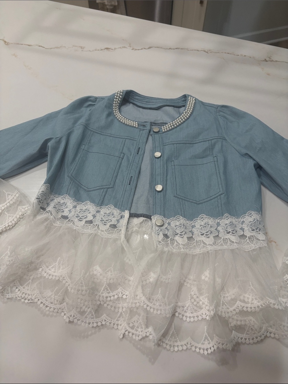 Ladies Blue Lace Tulle Jacket with Pearl Collar Medium